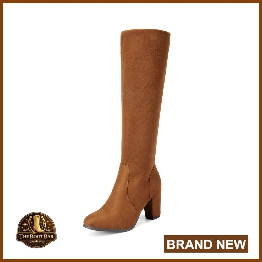 Chunky Heel Knee High Boots Faux Fur Lined Side Zipper Round Toe Classic